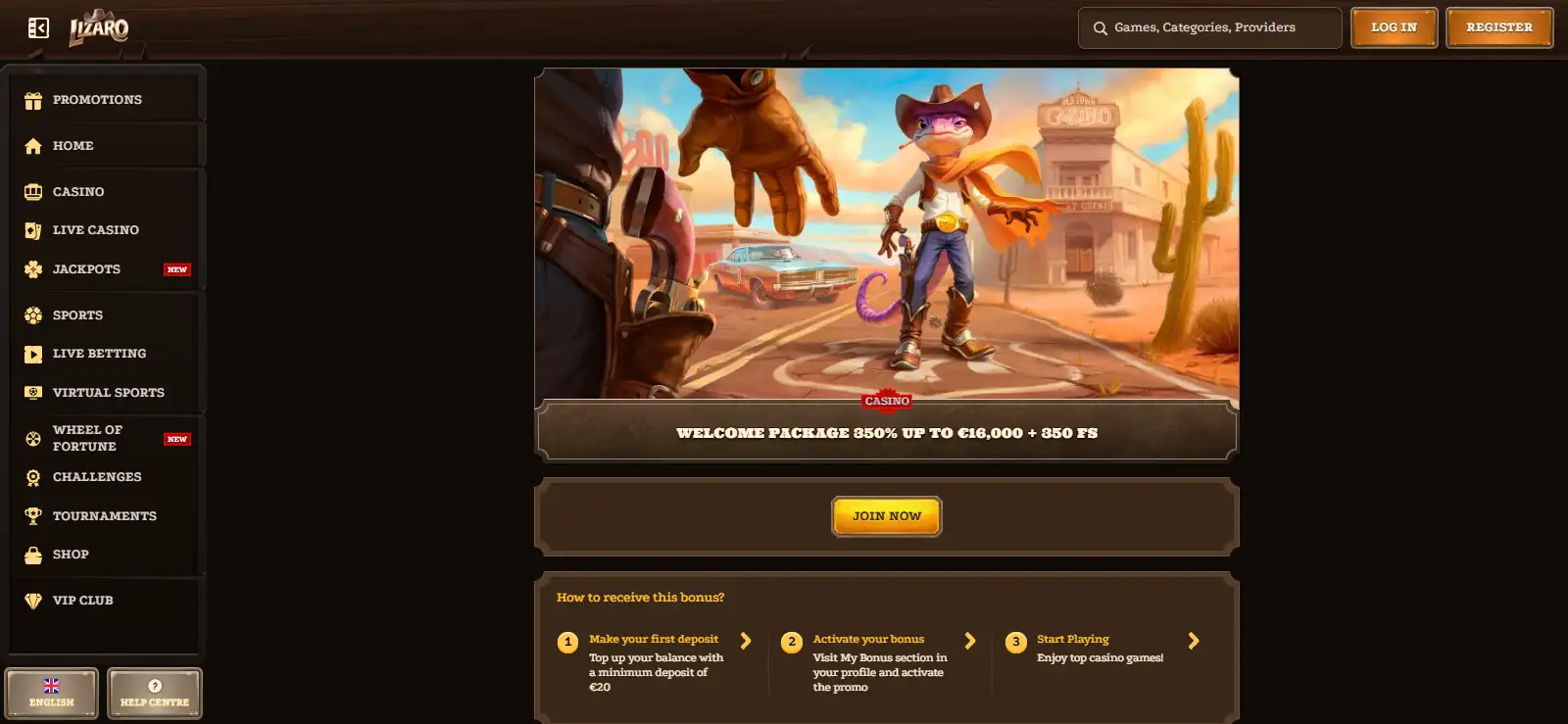 Lizaro welcome bonus selection screen showing the current casino offer