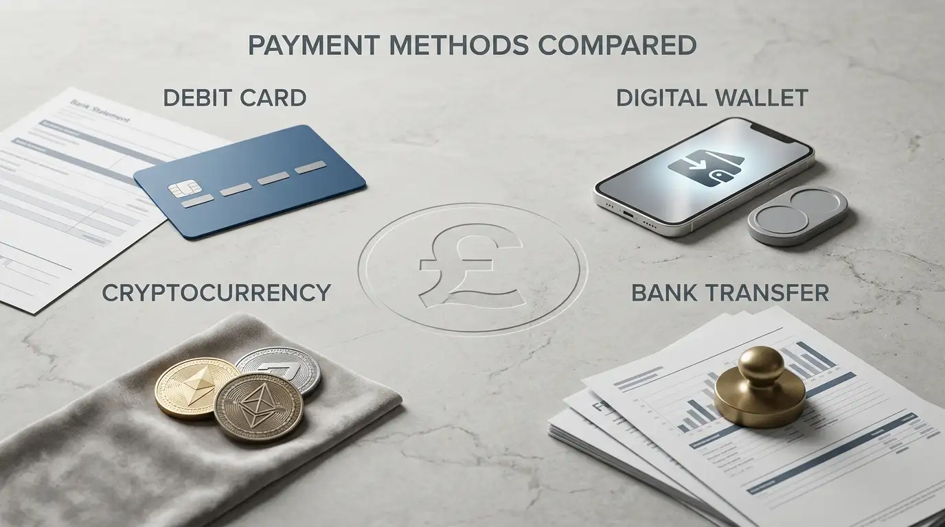 Card, digital wallet, banking and cryptocurrency categories alongside currency considerations
