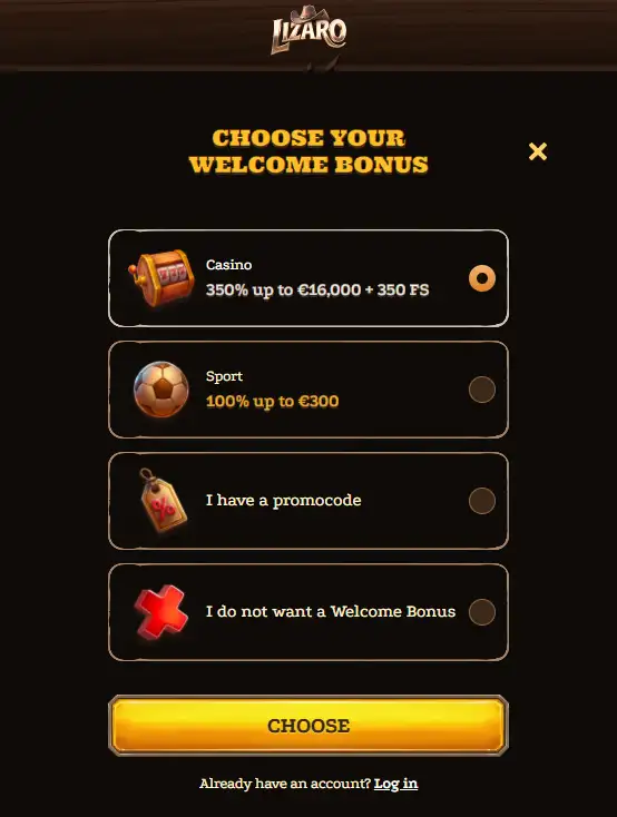 Lizaro registration screen showing casino welcome, sports welcome, promo-code and no-bonus choices