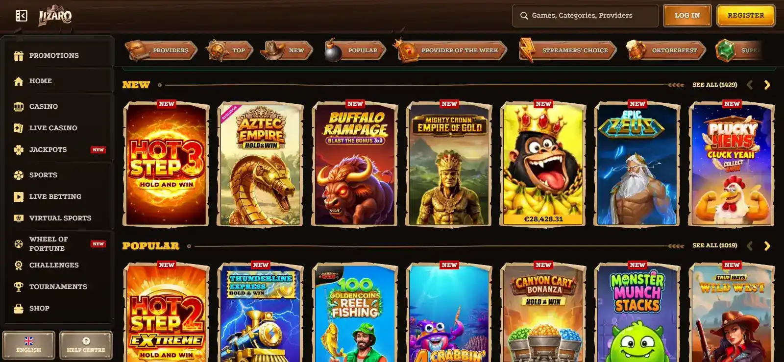Lizaro casino lobby with category navigation and game tiles