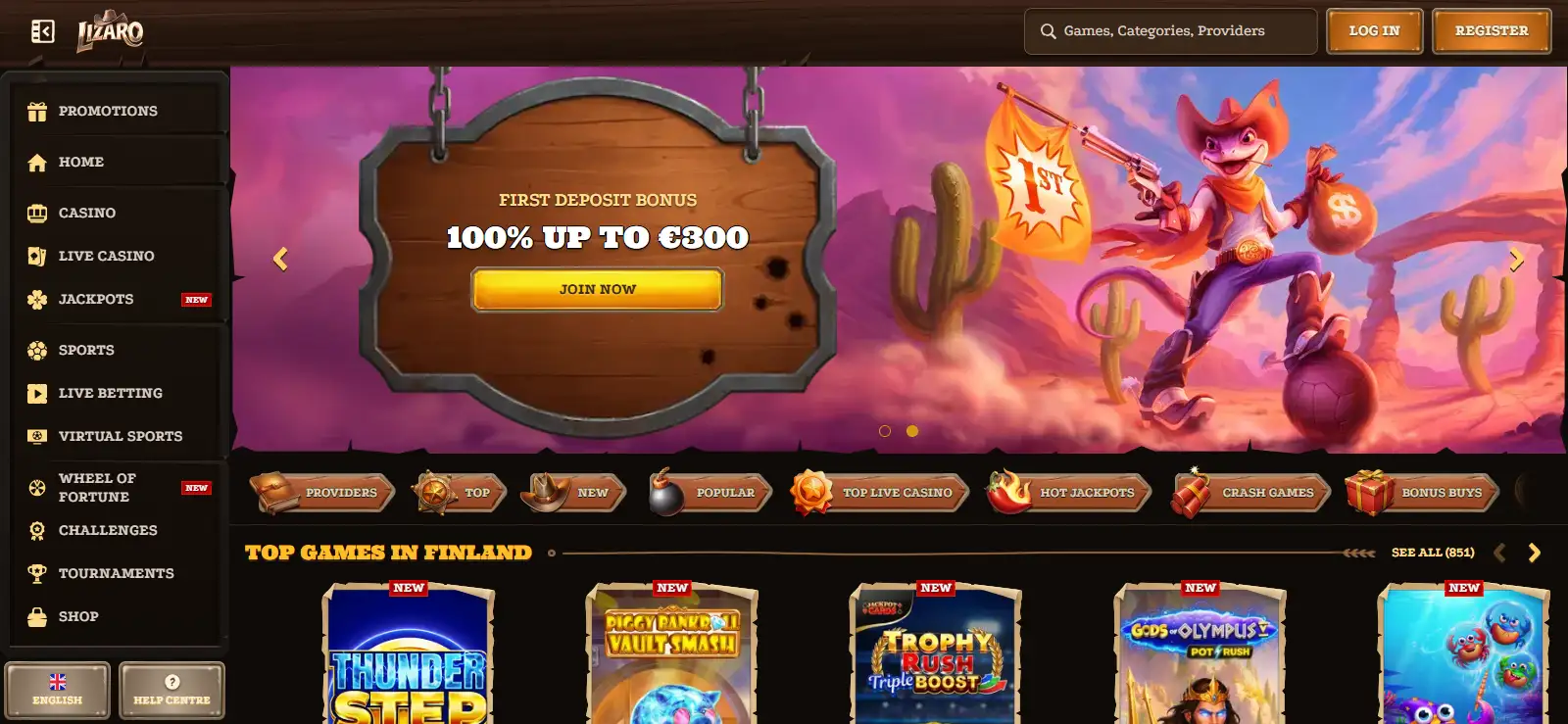 Lizaro homepage with casino and sportsbook navigation